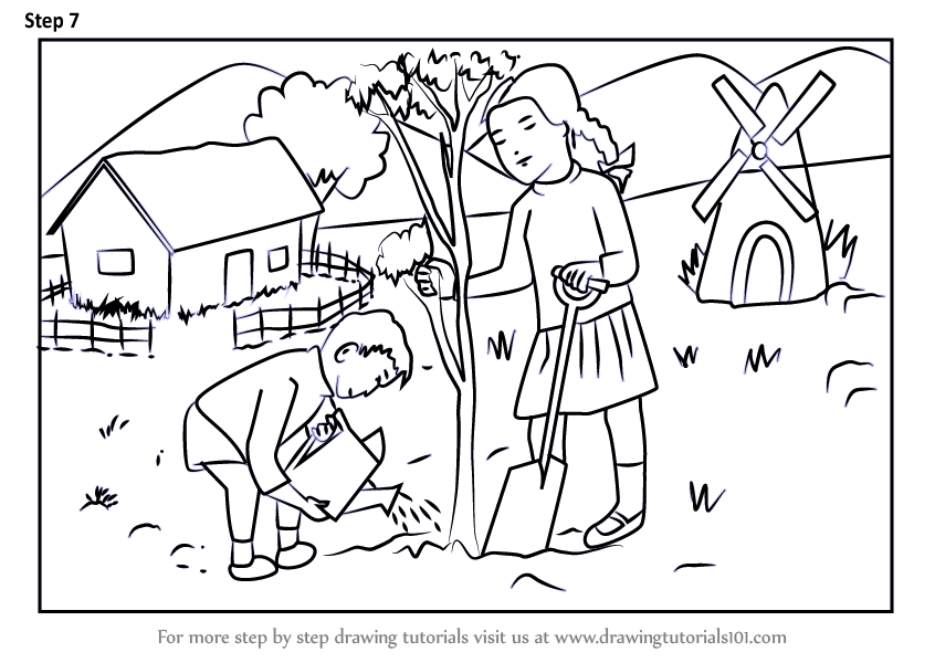 846x600 Learn How To Draw Kids Planting Tree Scenery - Planting Trees Drawing