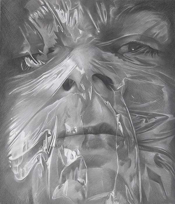 600x700 Plastic Wrapped Portrait In Charcoal Scott Hutchison - Plastic Drawings