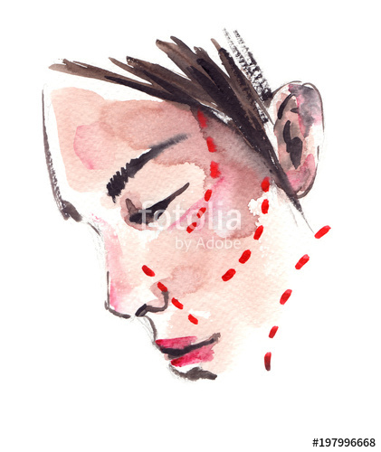 421x500 Portrait Of Sad Asian Woman With Scheme For Plastic Surgery Drawn - Plastic Surgery Drawing