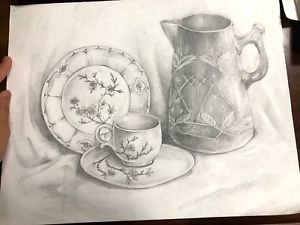 300x225 graphite still life drawing of cup, plate, and pitcher ebay - Plate Drawing