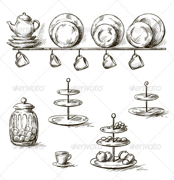 590x611 hand drawn illustration of kitchen utensils - Plate Of Food Drawing