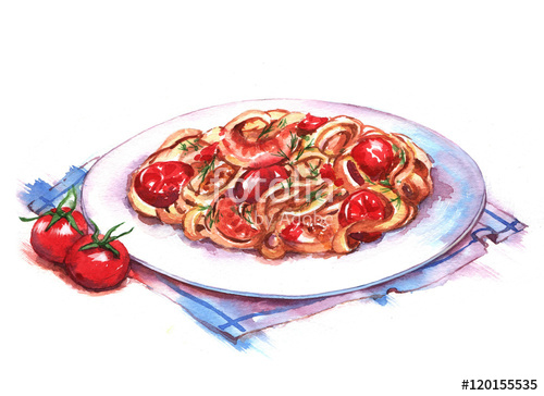 500x364 hand drawn watercolor illustration of the pasta on the plate - Plate Of Food Drawing