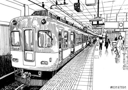 500x351 Japan Metro Train Station Platform In Osaka Drawing Ink Sketch S - Platform Drawing