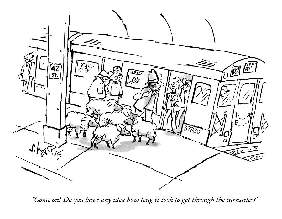 900x698 A Man On The Subway Platform With Five Sheep Drawing - Platform Drawing