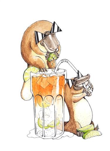 375x511 Two Platypus And A Lemon, Lime Bitters Drawing - Platypus Drawing
