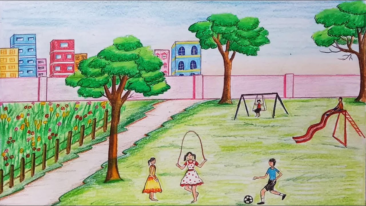 1280x720 how to draw scenery of children's play step - Play Drawing