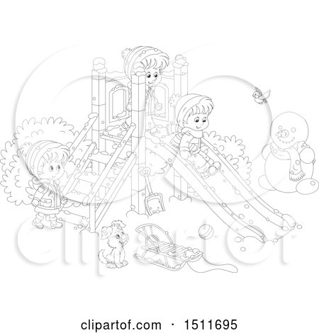 450x470 Clipart Of A Black And White Puppy And Children Playing - Playground Drawing Black And White