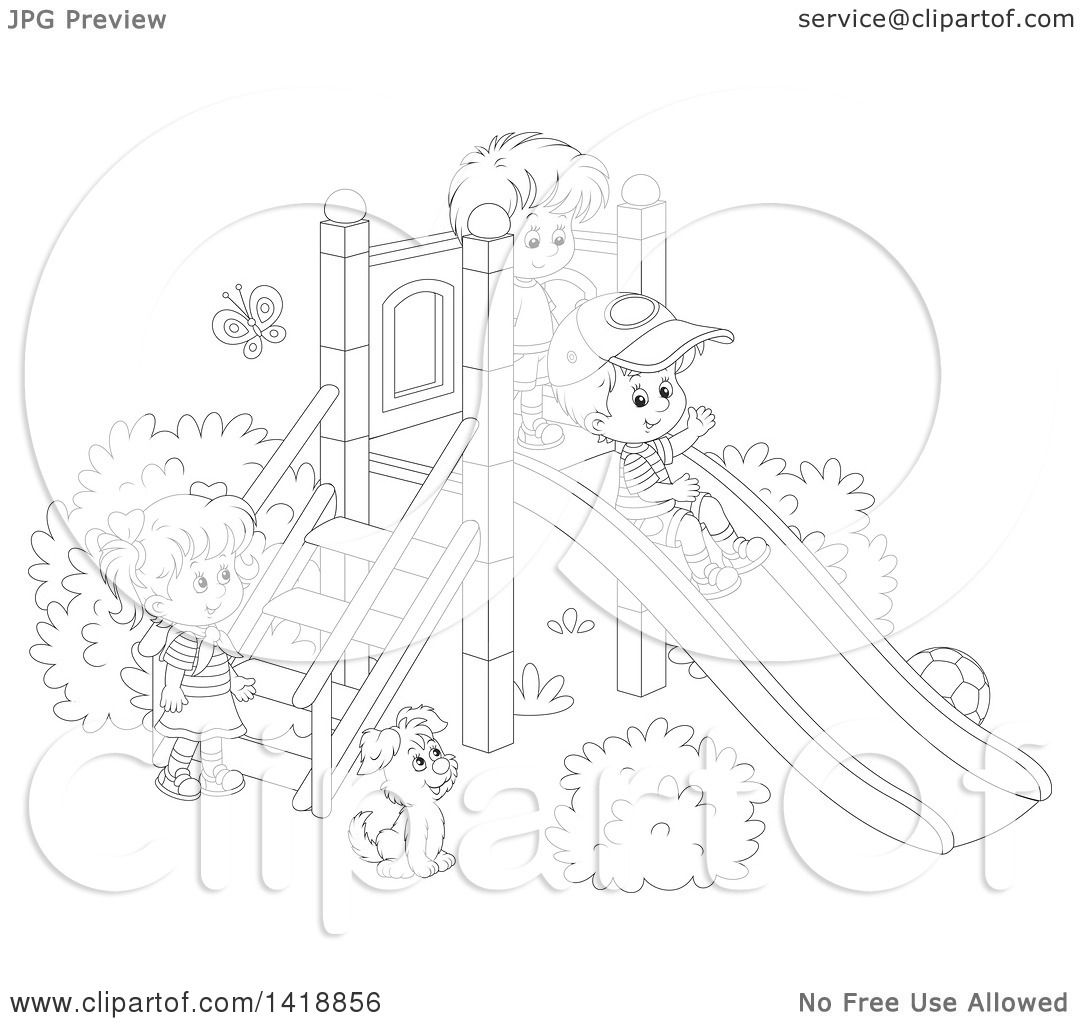 1080x1024 clipart of a cartoon black and white lineart dog watching children - Playground Drawing Black And White
