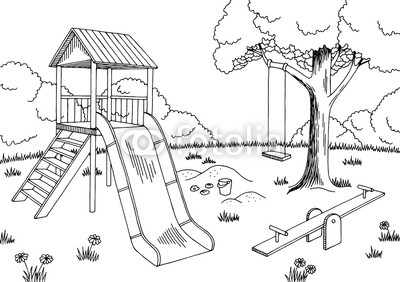 400x282 Playground Graphic Black White Landscape Sketch Illustration - Playground Drawing Black And White