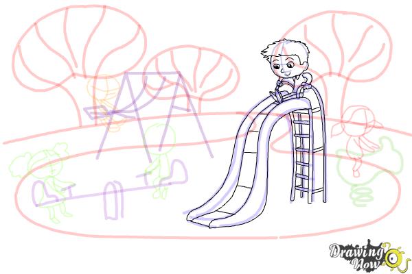 600x400 How To Draw Kids Playing In A Playground - Playground Slide Drawing