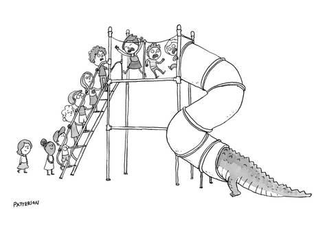 473x355 A Group Of Children Are Lined Up To Go On A Playground Slide, But - Playground Slide Drawing
