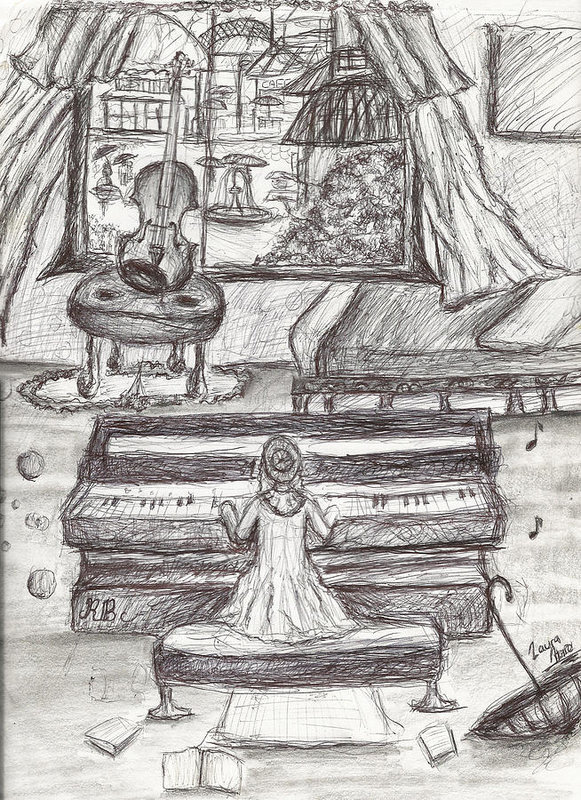 581x800 My Love For Rain Black White Girl Playing Piano Pen Drawing Art - Playing Piano Drawing