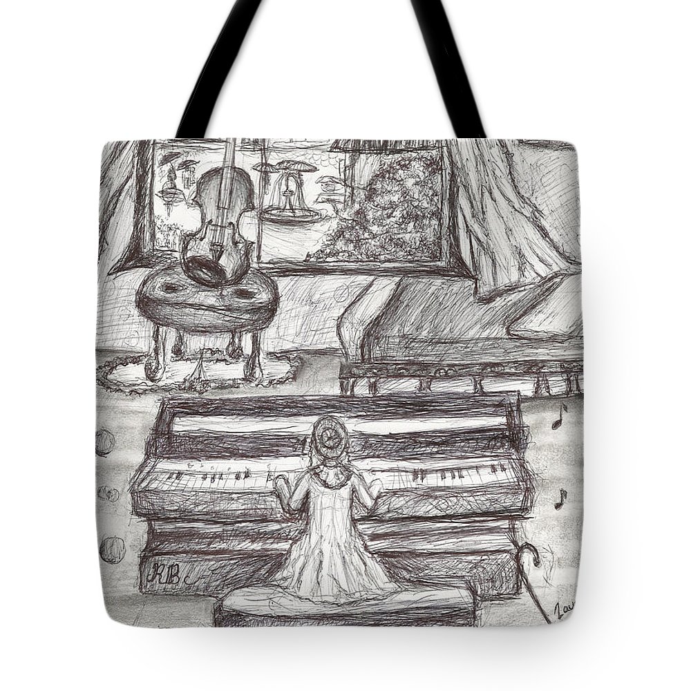 1000x1000 My Love For Rain Black White Girl Playing Piano Pen Drawing Tote - Playing Piano Drawing