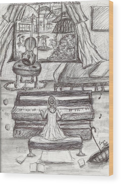 480x732 My Love For Rain Black White Girl Playing Piano Pen Drawing Wood - Playing Piano Drawing
