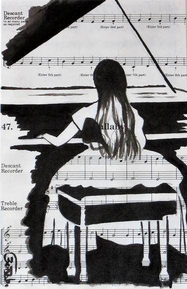 375x580 a girl playing piano painting - Playing Piano Drawing