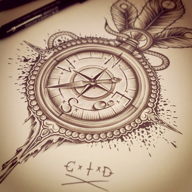 612x612 pocket compass tattoo drawing - Pocket Compass Drawing