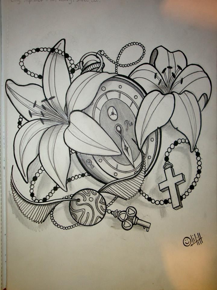 720x960 Lily Leaves And Pocket Watch Tattoo Design - Pocket Watch Drawing Tumblr