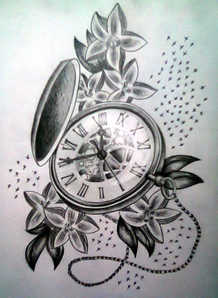 704x960 Flowers And Pocket Watch Tattoo Design - Pocket Watch Tattoo Drawing