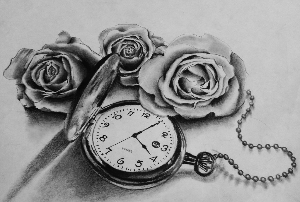 Roses And Pocket Watch Tattoo Design Idea - Pocket Watch Tattoo Drawing. 