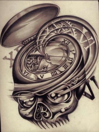 336x450 Skull Pocket Watch Tattoo Design - Pocket Watch Tattoo Drawing