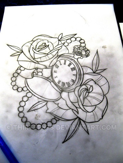 400x531 Outline Rose And Pocket Watch Tattoo Design Idea - Pocket Watch With Roses Drawing