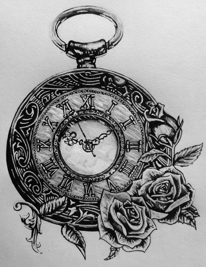 794x1027 pocket watch roses pen and pencil inches etsy - Pocket Watch With Roses Drawing