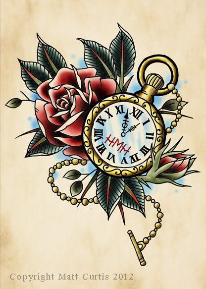 416x583 Pocket Watch And Rose Tattoo Designdrawing - Pocket Watch With Roses Drawing