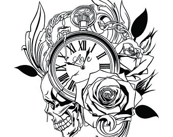 340x270 Pocket Watch Tattoo Etsy - Pocket Watch With Roses Drawing