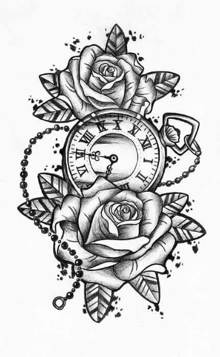 roses and timepiece tattoo outline