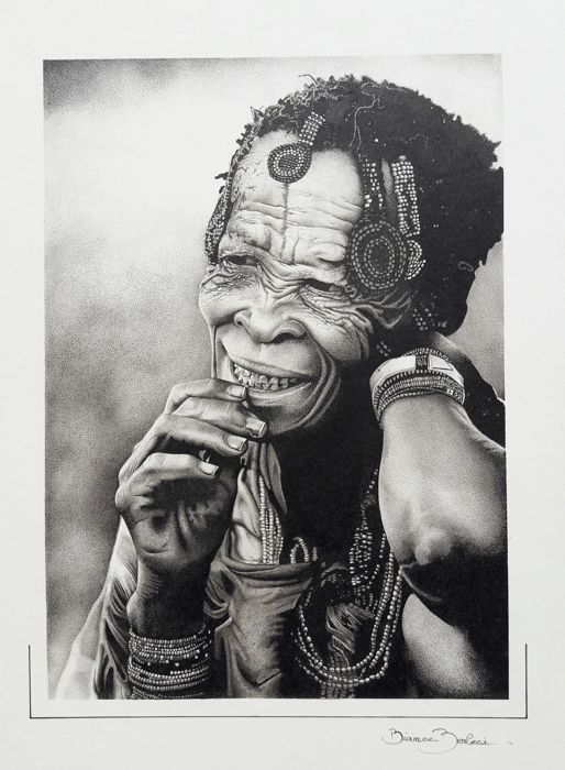 514x700 pointillism drawing, old woman of the tribes of the bushmen - Pointillism Drawing