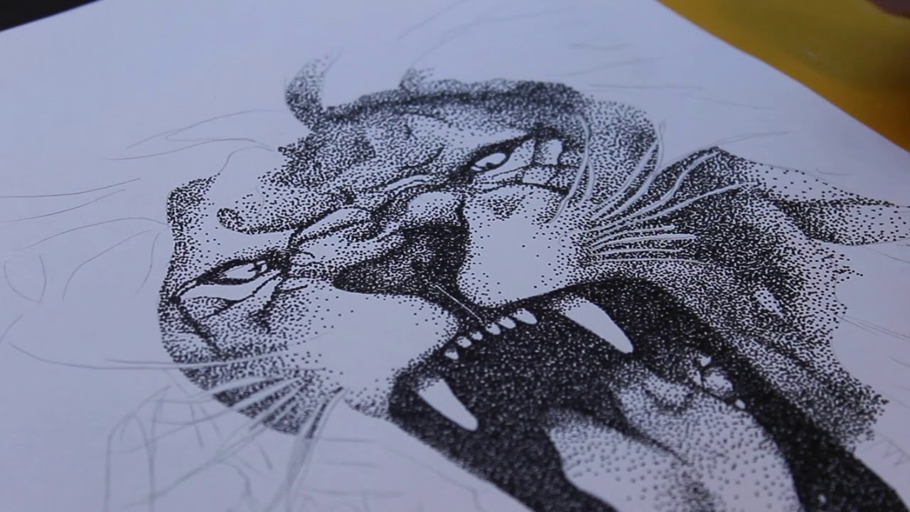 1280x720 stippling drawing lion - Pointillism Drawing