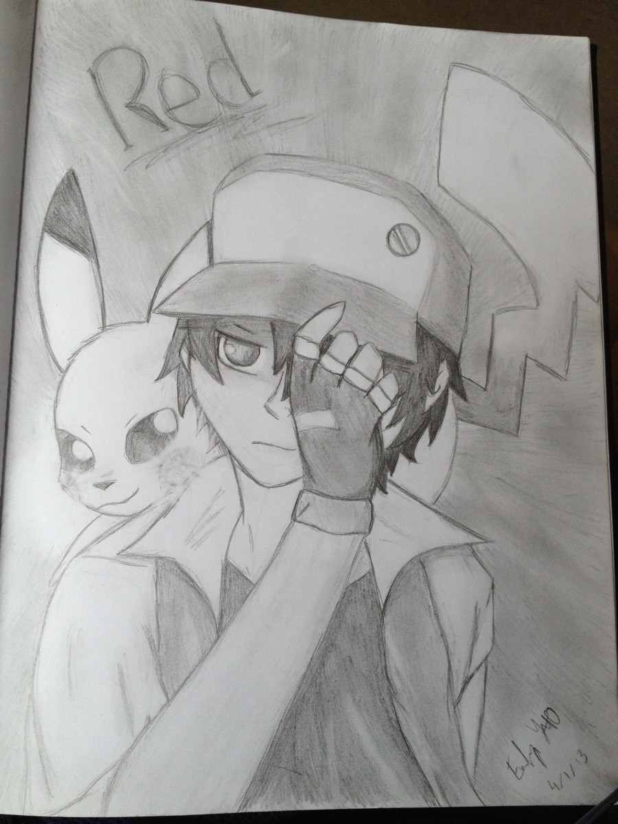 900x1200 Hey Rpokemon, I Did A Pencil Drawing Of Red And His Pikachu - Pokemon Pencil Drawing