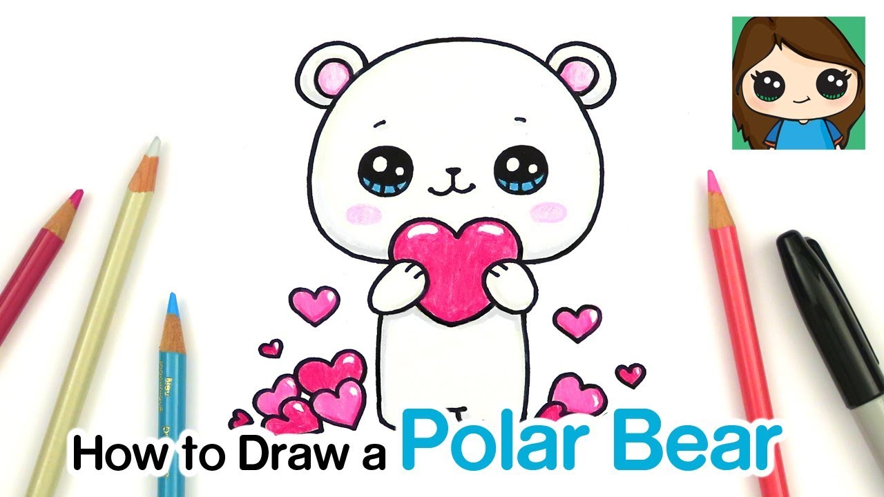 1280x720 How To Draw A Polar Bear Holding A Heart - Polar Bear Drawing Cute