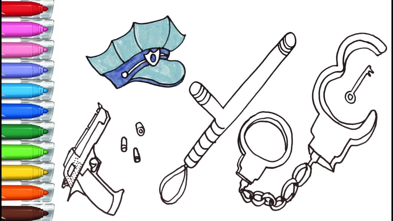 1280x720 how to draw a police cap, handcuffs, a gun and a baton drawing - Police Drawing