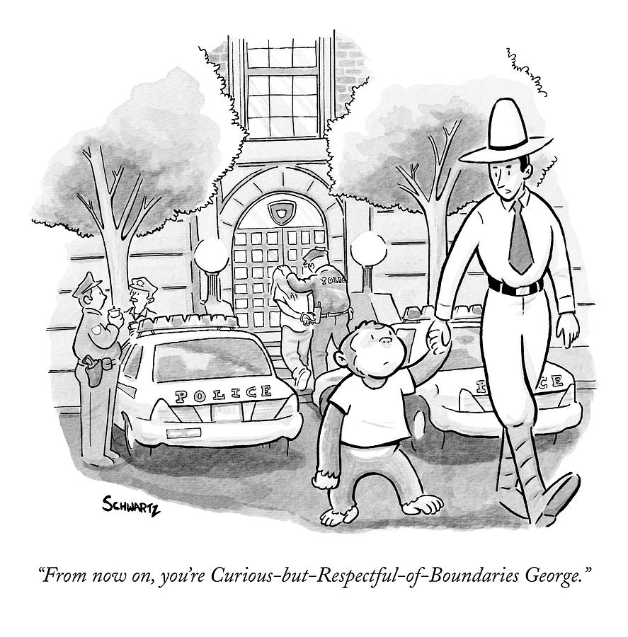 887x900 curious george is escorted out of a police drawing - Police Drawing