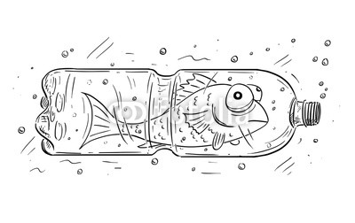 400x252 cartoon drawing conceptual illustration of fish trapped in pet - Pollution Drawing