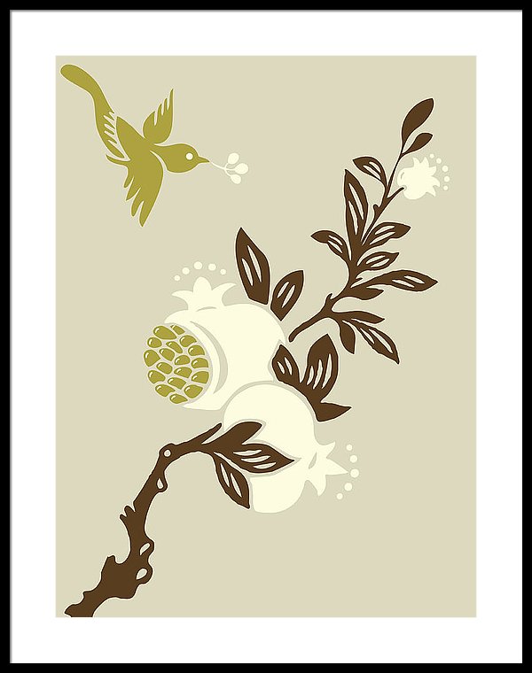 600x760 pomegranate tree bird framed print - Pomegranate Tree Drawing
