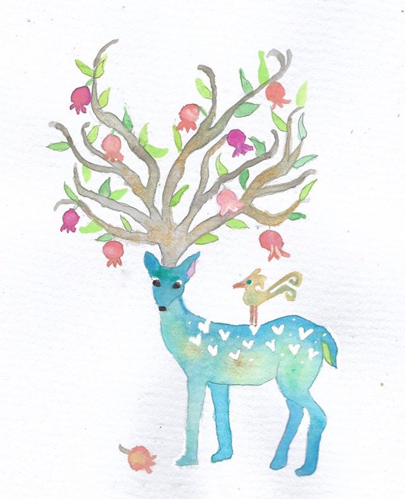 794x978 watercolor deer with pomegranate tree antlers greeting cards etsy - Pomegranate Tree Drawing