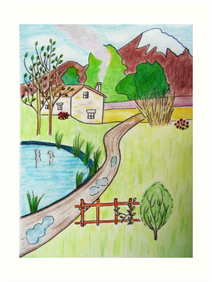 413x549 little house near the pond drawing art prints - Pond Drawing