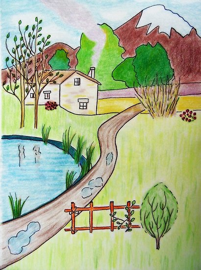 410x550 little house near the pond drawing posters - Pond Drawing