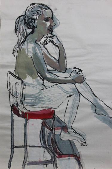 375x565 woman on a red chair with ponytail drawing - Ponytail Drawing
