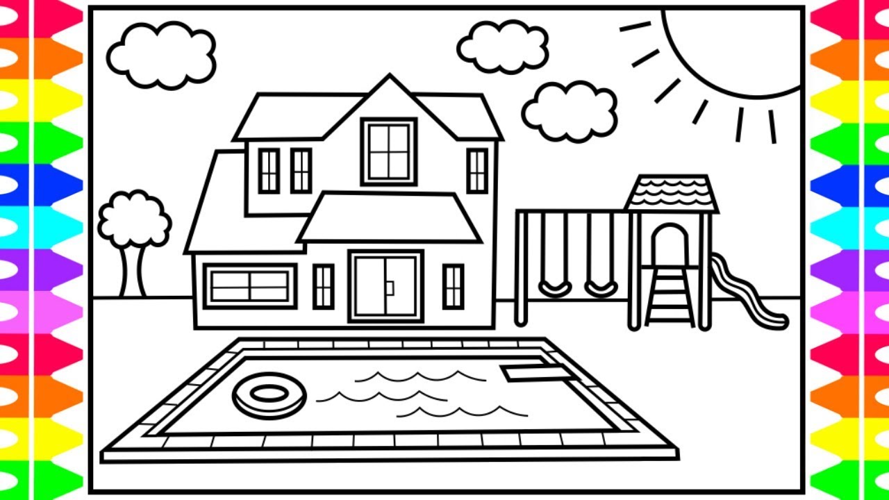1280x720 How To Draw A House With A Pool For Kids House With Pool - Pool Drawinging