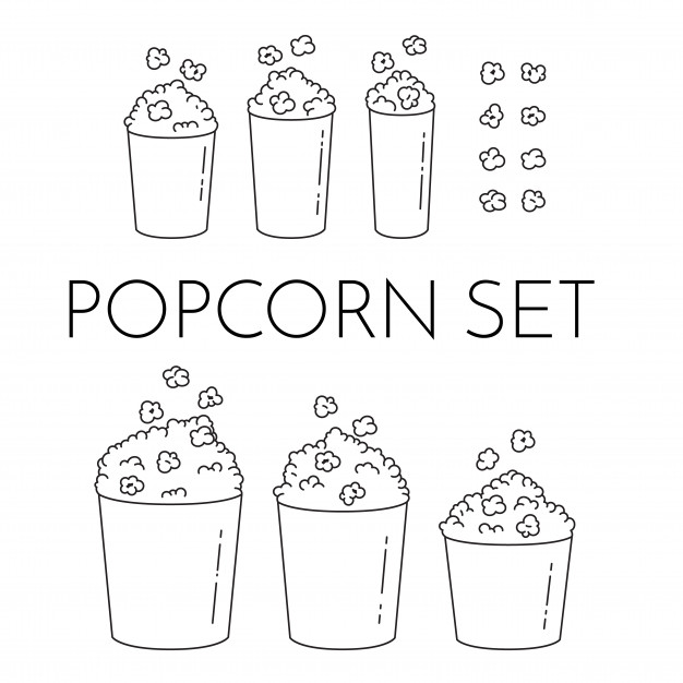 626x626 Set Of Cups With Popcorn And Kernels Flying Into The Bucket - Popcorn Line Drawing