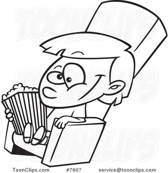 581x600 Cartoon Black And White Line Drawing Of A Girl With Movie Popcorn - Popcorn Line Drawing