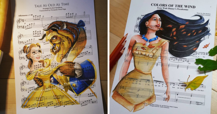 700x367 i draw scenes from famous animated movies on music sheets of their - Popular Drawinging