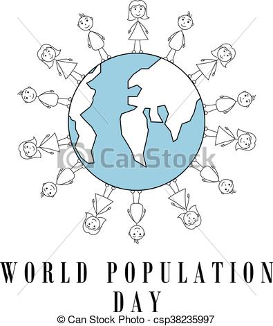 395x470 stick figures surrounding earth globe world population day design - Population Drawing