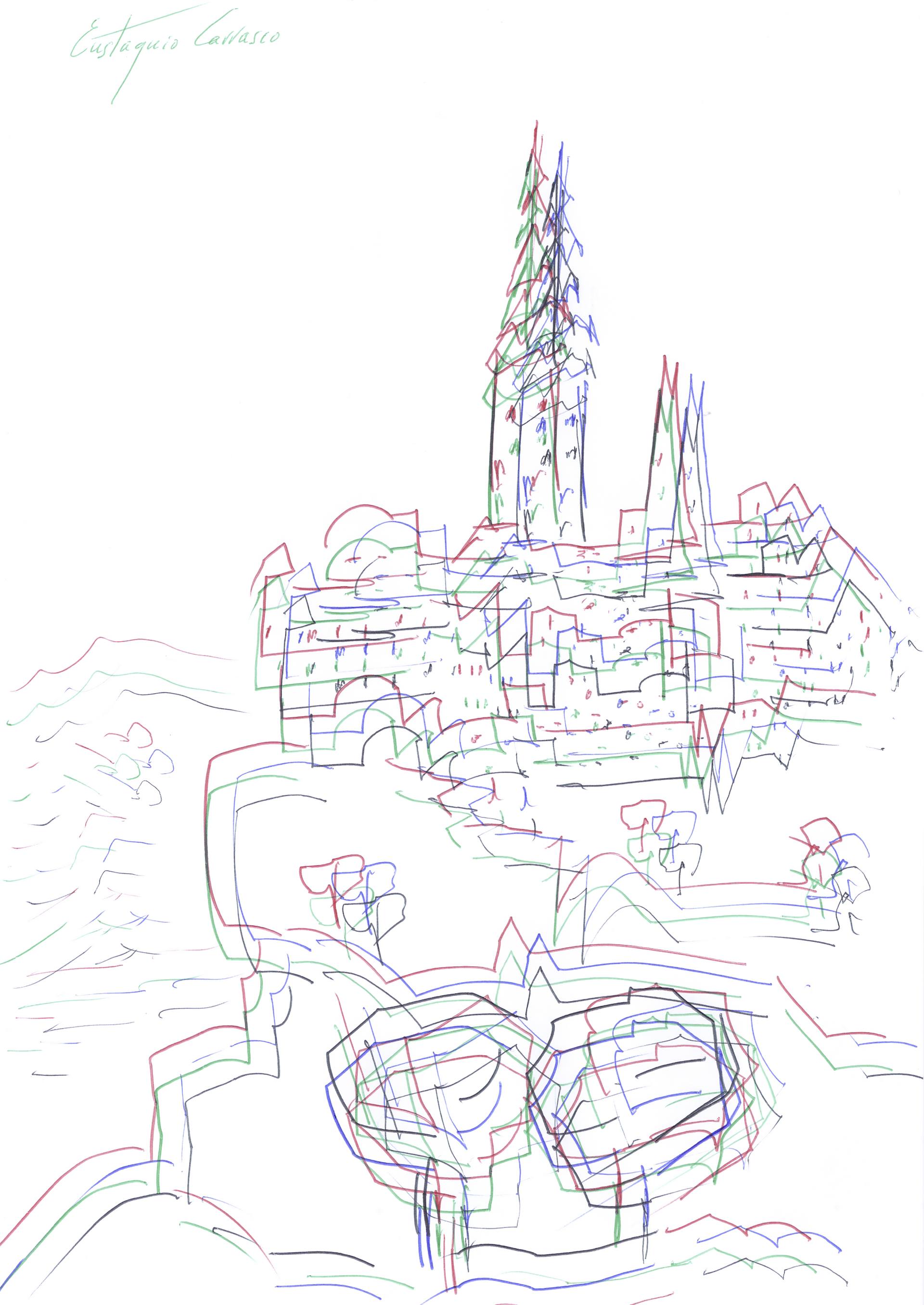 1920x2711 trees and towers of a population on a promontory drawing - Population Drawing
