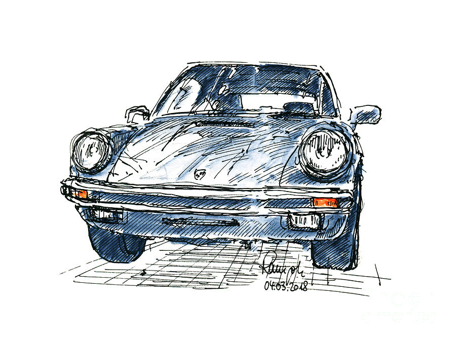 900x671 porsche classic car ink drawing and watercolor drawing - Porsche 911 Drawing