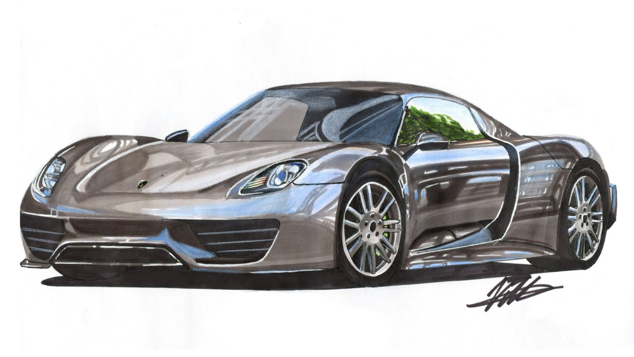 1280x720 Realistic Car Drawing - Porsche Drawing