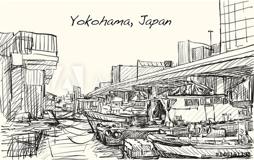 500x315 sketch city scape of japan, yokohama port free hand draw - Port Drawing